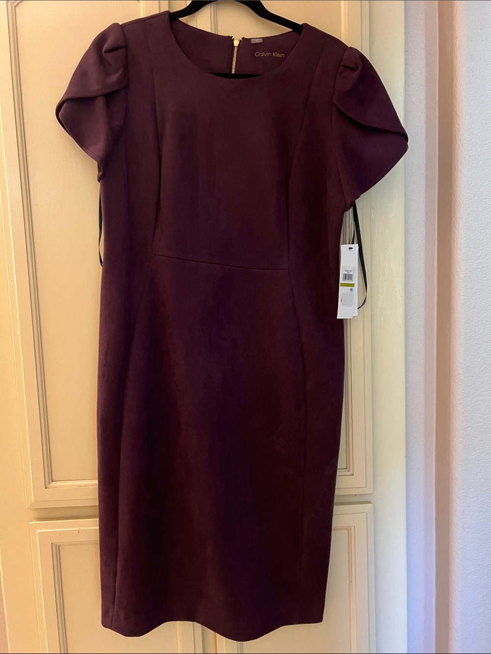 New with tags Calvin Klein Plum faux suede Midi Dress with Puff Sleeves